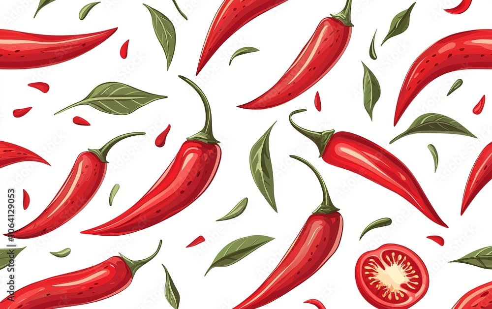 Vibrant red chili peppers with leaves and slices scattered on a white background in a lively culinary design Vibrant red chili peppers with leaves and slices scattered on a white background in a lively culinary design