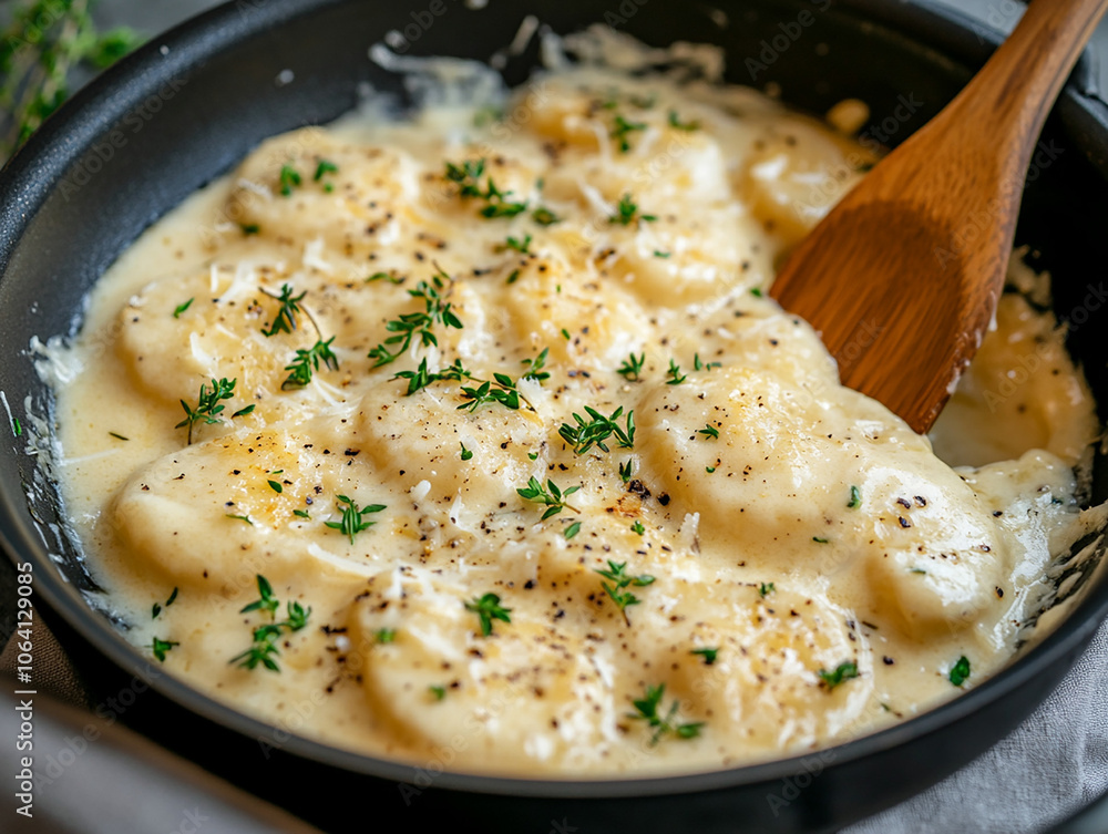 Garlic cream sauce in a black pan, covered with Parmesan cheese and herbs, a wooden spoon on the side of the pot, a close-up shot, food photography, delicious-looking food, natural light, grey backgro