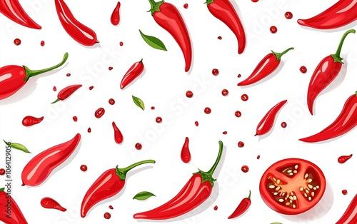 Vibrant arrangement of red chili peppers and sliced tomatoes with green leaves on a white backdrop