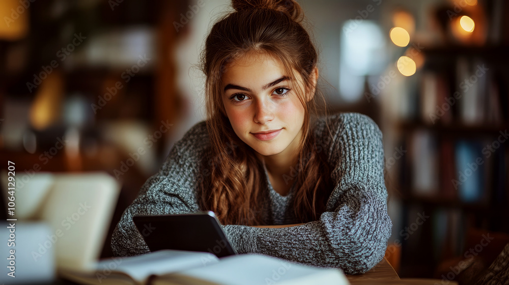 Girl sits at a table in a cozy room, holding a tablet and smiling. Concept of relaxation and technology. Girl sits at a table in a cozy room, holding a tablet and smiling. Concept of relaxation and technology.