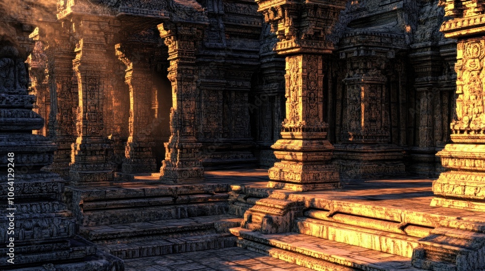 Sunlight illuminates the intricate stone carvings of an ancient temple, casting long shadows across the steps. Sunlight illuminates the intricate stone carvings of an ancient temple, casting long shadows across the steps.