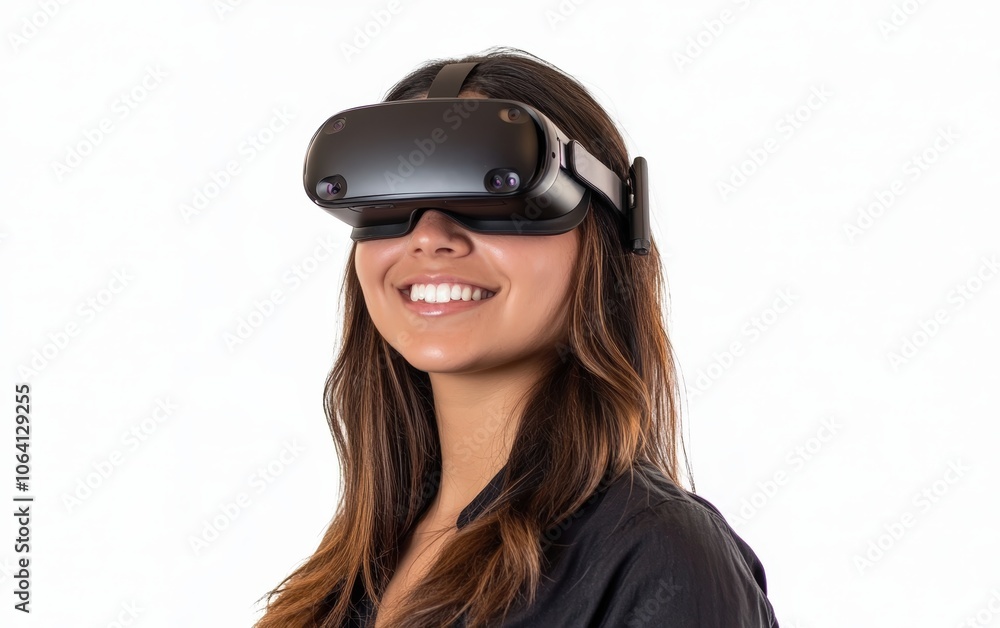 Smiling young pretty woman wearing a colored VR headset on a clean white background Smiling young pretty woman wearing a colored VR headset on a clean white background