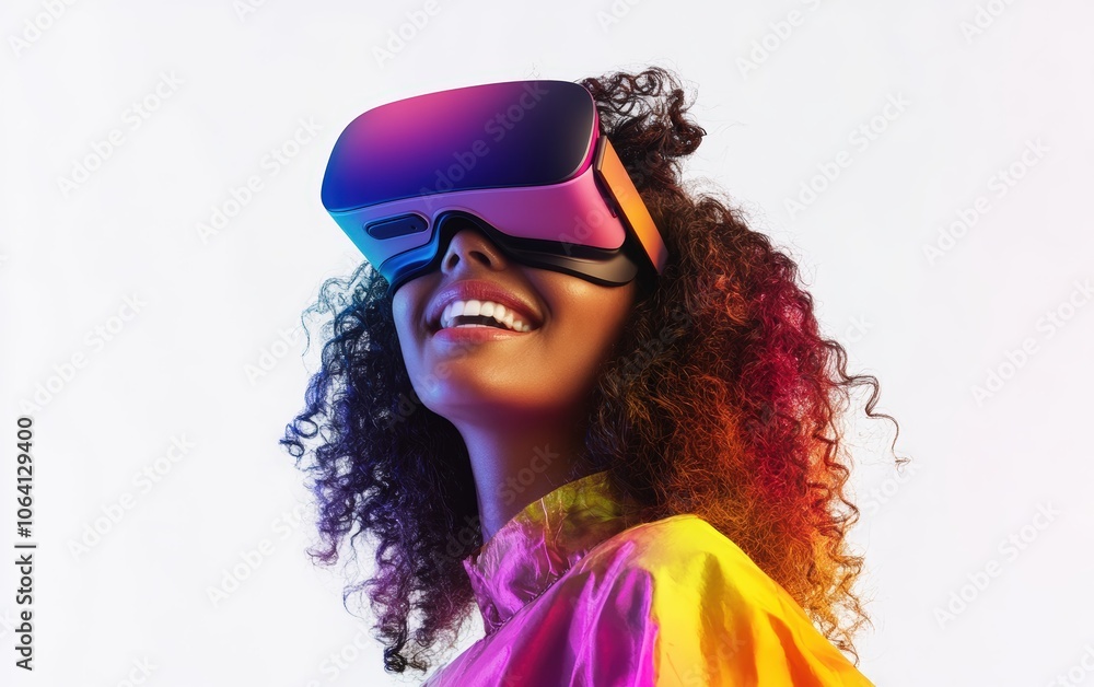 Smiling young pretty woman wearing a colored VR headset on a clean white background Smiling young pretty woman wearing a colored VR headset on a clean white background