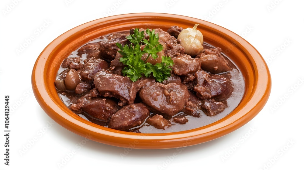 Close-up of a dish of chicken liver with a side of garlic. Close-up of a dish of chicken liver with a side of garlic.