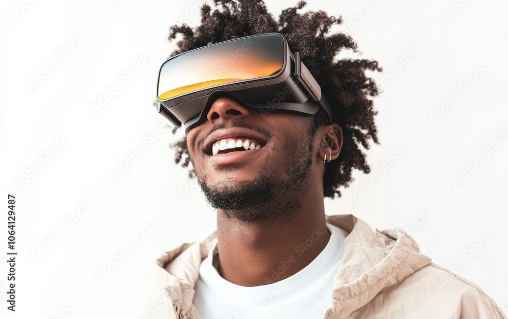 Smiling young pretty man wearing a VR headset on a clean white background Smiling young pretty man wearing a VR headset on a clean white background