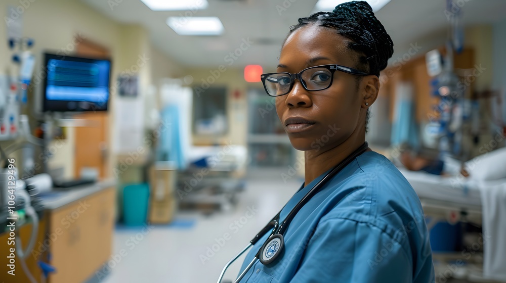 Female doctor standing in hospital corridor. Female doctor standing in hospital corridor.