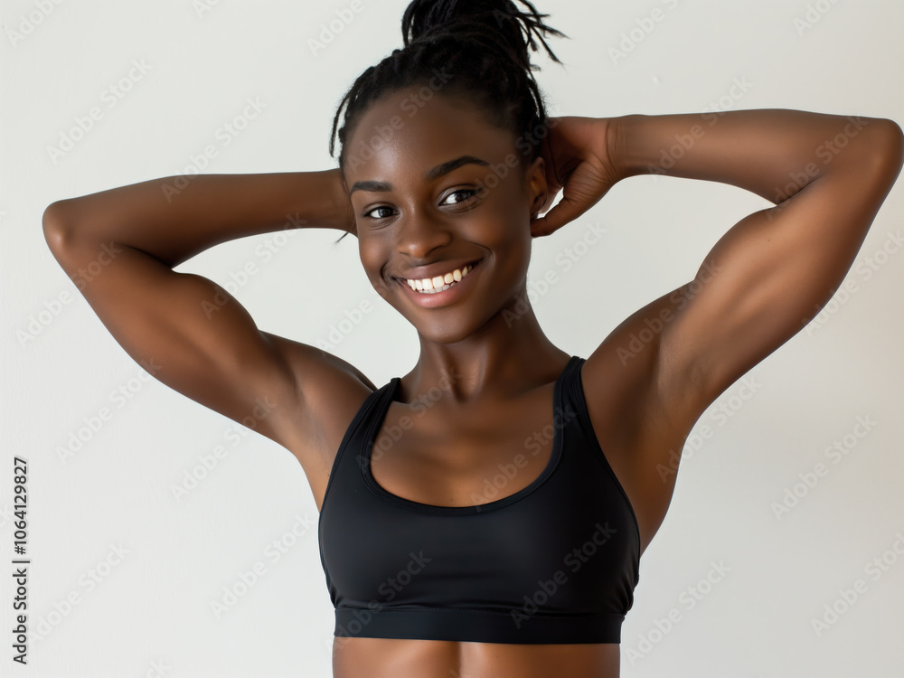 Black happy sports athlete woman in aerobics outfit, smiling and showing muscle on white background Black happy sports athlete woman in aerobics outfit, smiling and showing muscle on white background