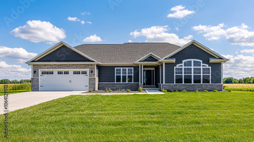 modern blue and gray suburban home with stone accent walls and green lawn