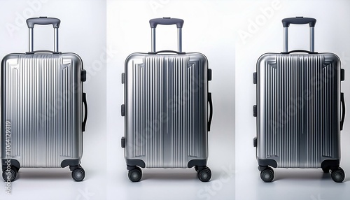 Five views of a modern silver suitcase with a telescopic handle on a white background. The image showcases the suitcase's design and functionality. 3D Rendering photo