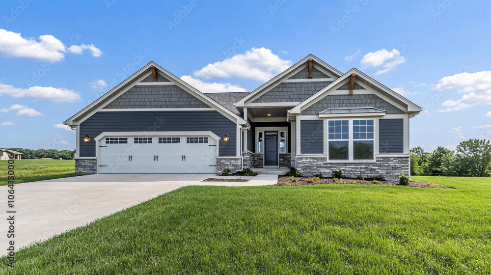 modern gray house with stone accent and white garage door on green grass lawn modern gray house with stone accent and white garage door on green grass lawn