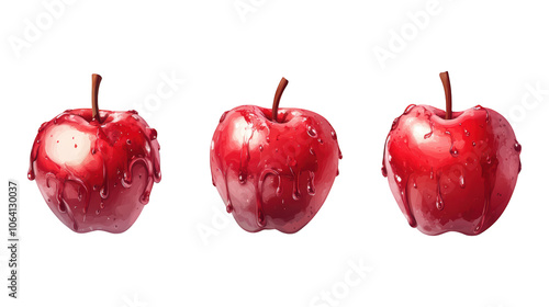 Collection of vibrant poison apples with a rich red sugary glaze, showcasing their tantalizing allure, isolated on transparent PNG background