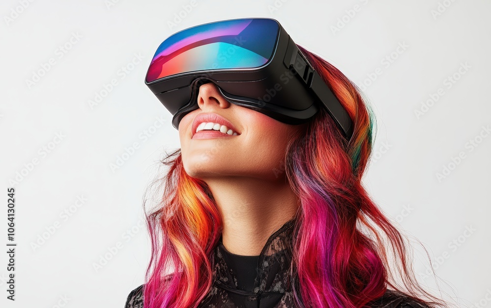 Smiling young pretty woman wearing a colored VR headset on a clean white background Smiling young pretty woman wearing a colored VR headset on a clean white background