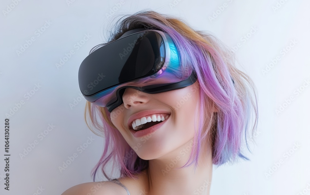 Smiling young pretty woman wearing a colored VR headset on a clean white background Smiling young pretty woman wearing a colored VR headset on a clean white background