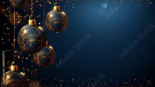 New Year festive banner or greeting card with blue and gold ornaments on a dark blue background with empty space for text