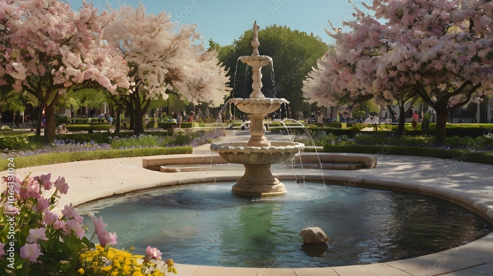 A quiet park with pastel flowers and a fountain, generative AI A quiet park with pastel flowers and a fountain, generative AI