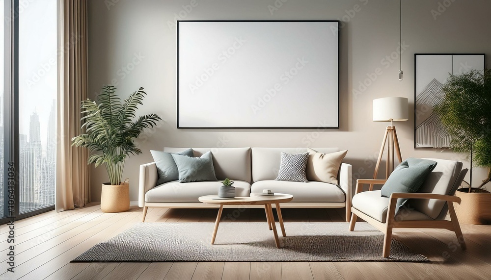 Living room interior with white empty poster on the wall Living room interior with white empty poster on the wall