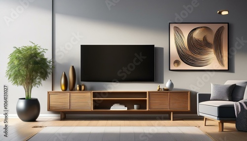 Living room interior with tv console, shelf with art decoration and screen