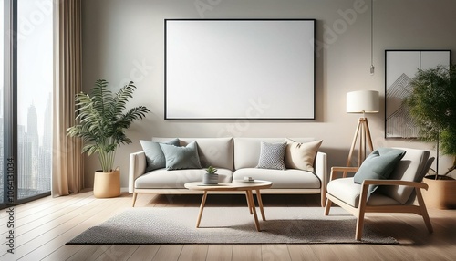 Living room interior with white empty poster on the wall