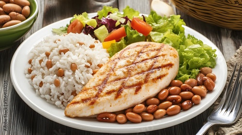 Grilled chicken breast served with rice, beans, and salad. photo