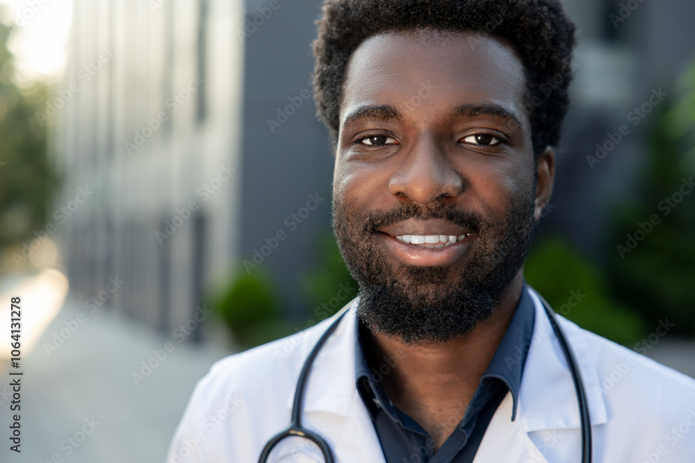 Doctor standing near clinic with stethoscope around his neck Doctor standing near clinic with stethoscope around his neck