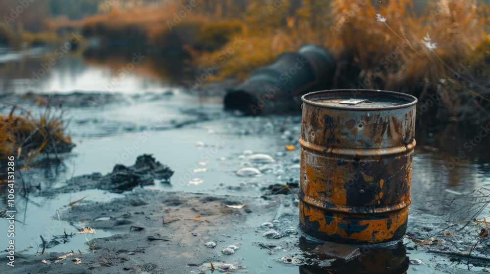 Toxic Waste Barrels in Polluted River Environment Toxic Waste Barrels in Polluted River Environment