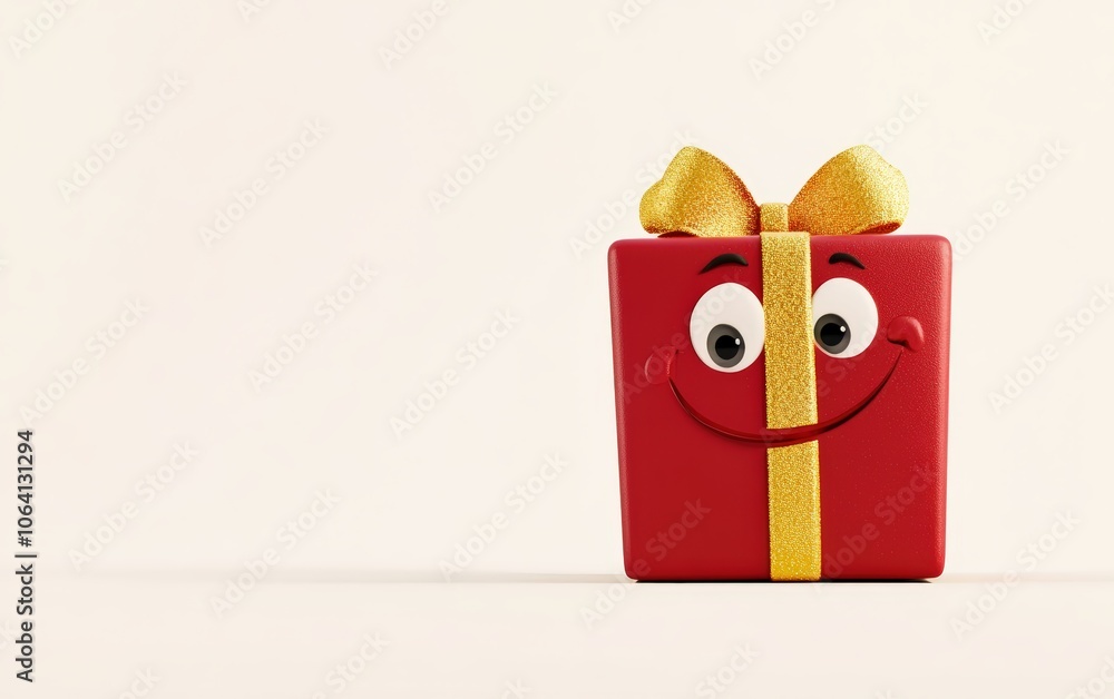 Obraz premium 3D Christmas present character on a white background, wrapped in shiny red paper with a gold ribbon, animated with a cheerful expression, colorful and glossy