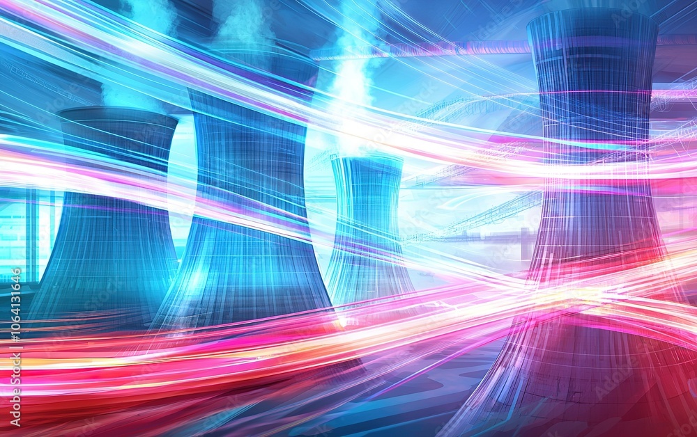 Colorful light trails swirl around cooling towers at a power plant during twilight, showcasing technology and energy production Colorful light trails swirl around cooling towers at a power plant during twilight, showcasing technology and energy production