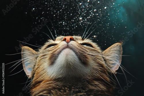 An astronaut cat explores the wonders of space, floating amidst shimmering stars and cosmic elements in a chaotic environment. Generative AI photo