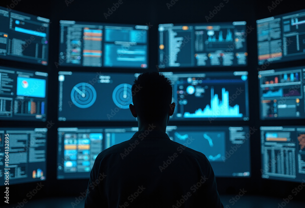 man stands front screens displaying vast amount data information man stands front screens displaying vast amount data information