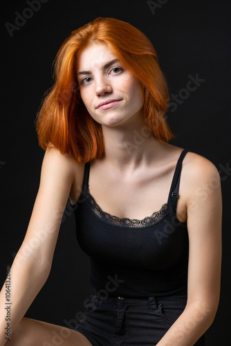 Cute red-haired girl, studio portrait on a black background.