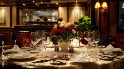 A beautifully set table with a centerpiece of roses in a vase, a plate of food, and wine glasses.