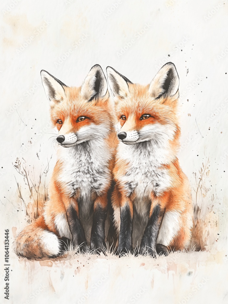 Obraz premium Watercolor illustration of two red foxes sitting side by side, hand-painted wildlife art with natural tones and detailed fur texture