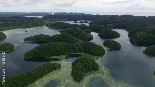 Palau and Koror Island Area with Many Small Islets in Background. Coral Reefs and Lagoon. Drone.