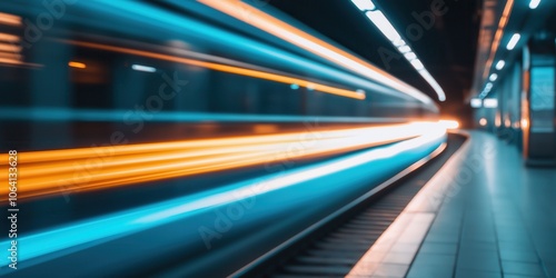 Speeding light trails in blue and orange with a motion blur futuristic highway technology concept