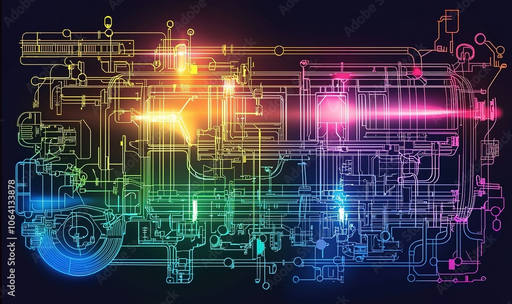 Fototapeta premium Colorful digital illustration of a complex engine design with intricate details and vibrant neon elements displayed against a dark background