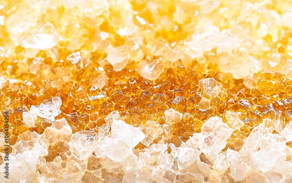 Close-up view of raw sugar crystals showcasing a blend of golden and white hues against a bright background Close-up view of raw sugar crystals showcasing a blend of golden and white hues against a bright background