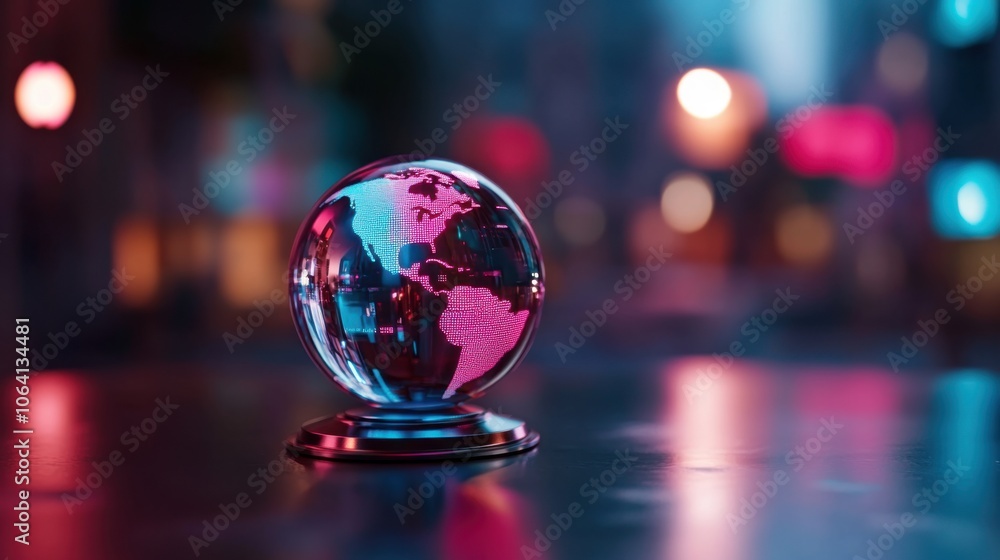 Neon Globe with Data Points in High-Tech Environment Neon Globe with Data Points in High-Tech Environment