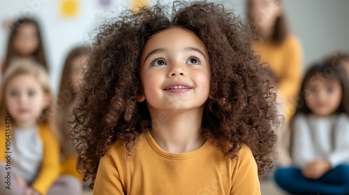 Immerse yourself in the enchanting world of childhood innocence with this high resolution stock photo capturing a diverse group of children sitting attentively on the floor of a kindergarten