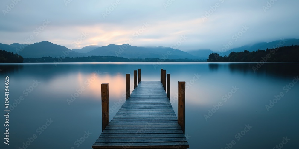 Serene Lake Pier Leading to Misty Mountains at Dawn Serene Lake Pier Leading to Misty Mountains at Dawn