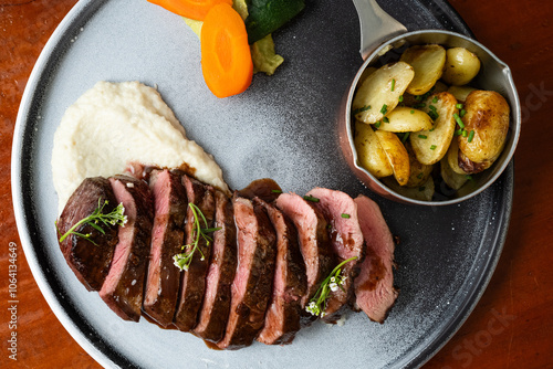 Assiette de magret de canard accompagnée de pomme de terre rissolée et purée prise en plongée