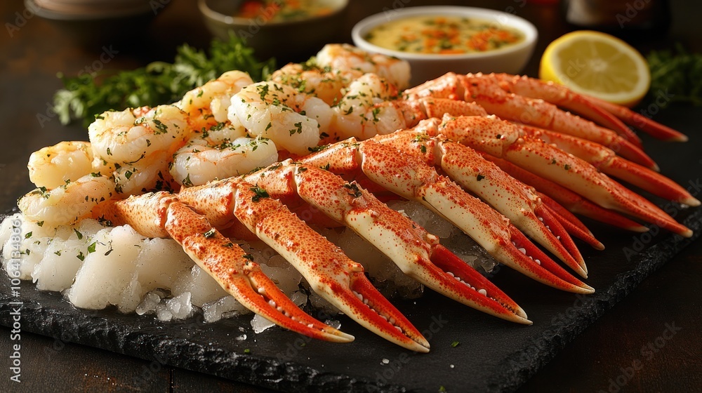 Freshly cooked crab legs and shrimp with lemon and sauce on a platter of ice. Freshly cooked crab legs and shrimp with lemon and sauce on a platter of ice.