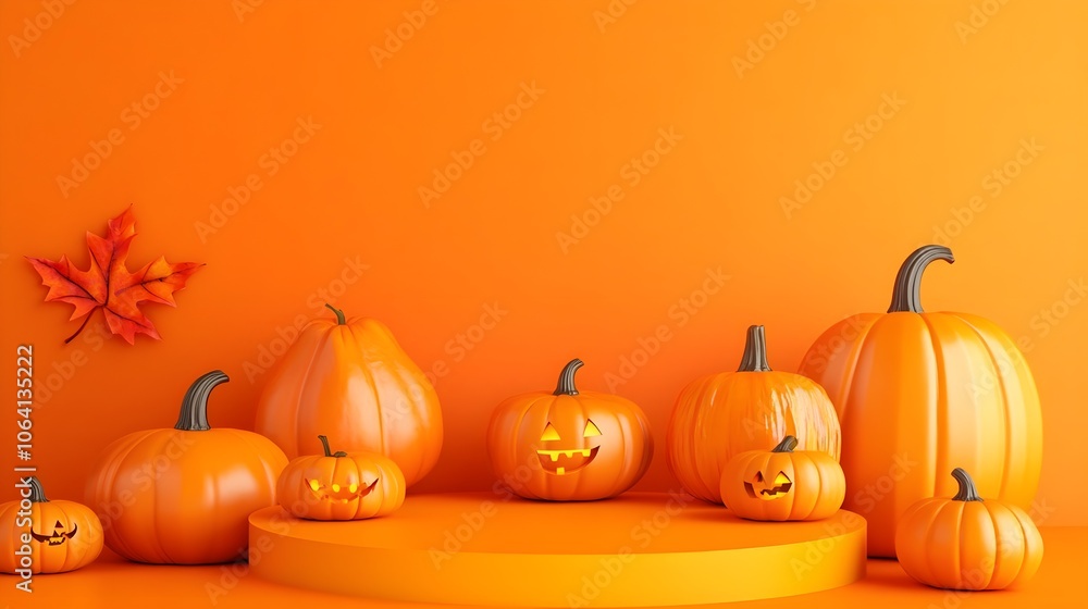 3d layout Halloween scene with product podium on orange background. Pumpkins stage with display podium. Autumn 3d design template for banner, advertisement mockup for Halloween or Thanksgiving 3d layout Halloween scene with product podium on orange background. Pumpkins stage with display podium. Autumn 3d design template for banner, advertisement mockup for Halloween or Thanksgiving
