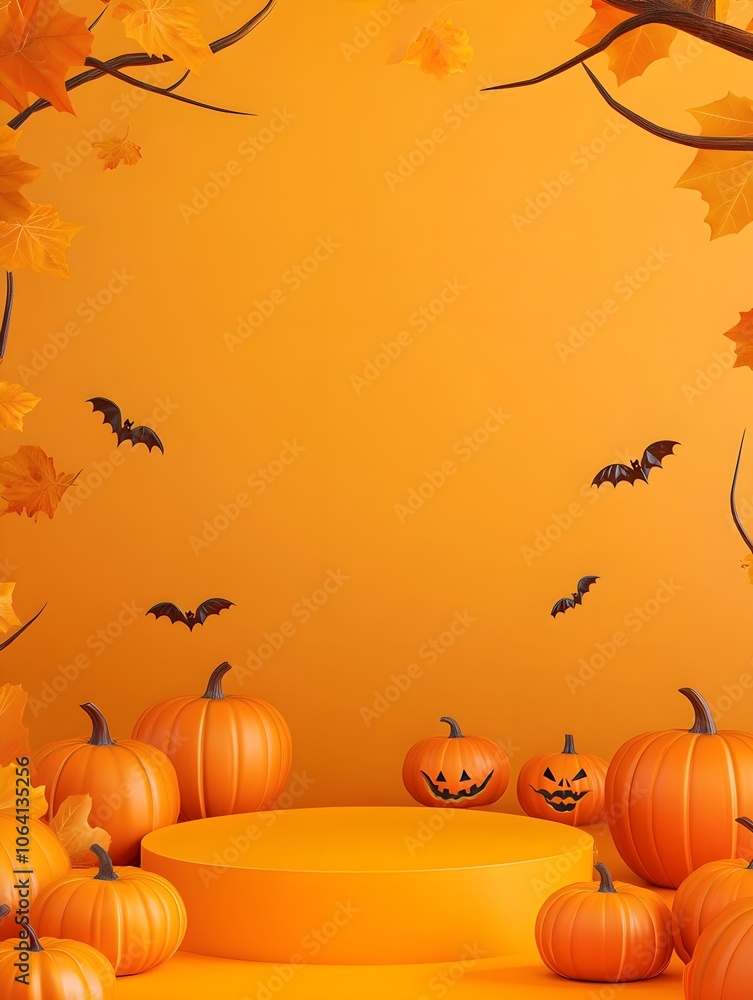 3d layout Halloween scene with product podium on orange background. Pumpkins stage with display podium. Autumn 3d design template for banner, advertisement mockup for Halloween or Thanksgiving 3d layout Halloween scene with product podium on orange background. Pumpkins stage with display podium. Autumn 3d design template for banner, advertisement mockup for Halloween or Thanksgiving