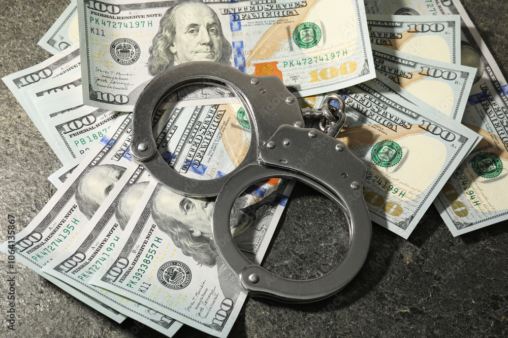 Handcuffs with dollar banknotes on grey textured table Handcuffs with dollar banknotes on grey textured table
