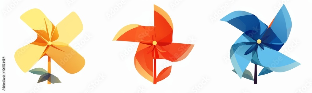 3 different pinwheels icons, simple vector style, red yellow and blue colors, white background 3 different pinwheels icons, simple vector style, red yellow and blue colors, white background