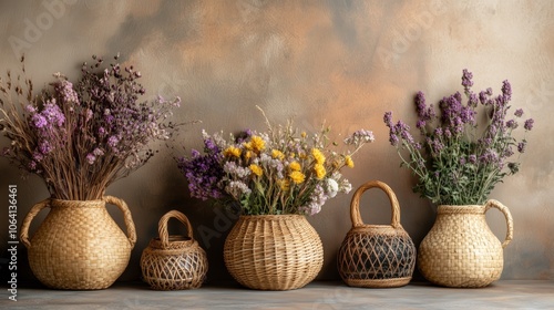 Charming dried flowers in woven baskets on a textured backdrop. A delightful assortment of dried flowers displayed beautifully in natural baskets, creating warmth.