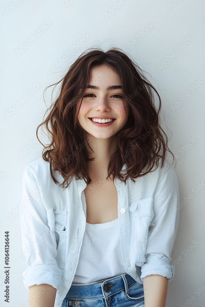 Fototapeta premium Portrait of natural beautiful smiling young woman white background