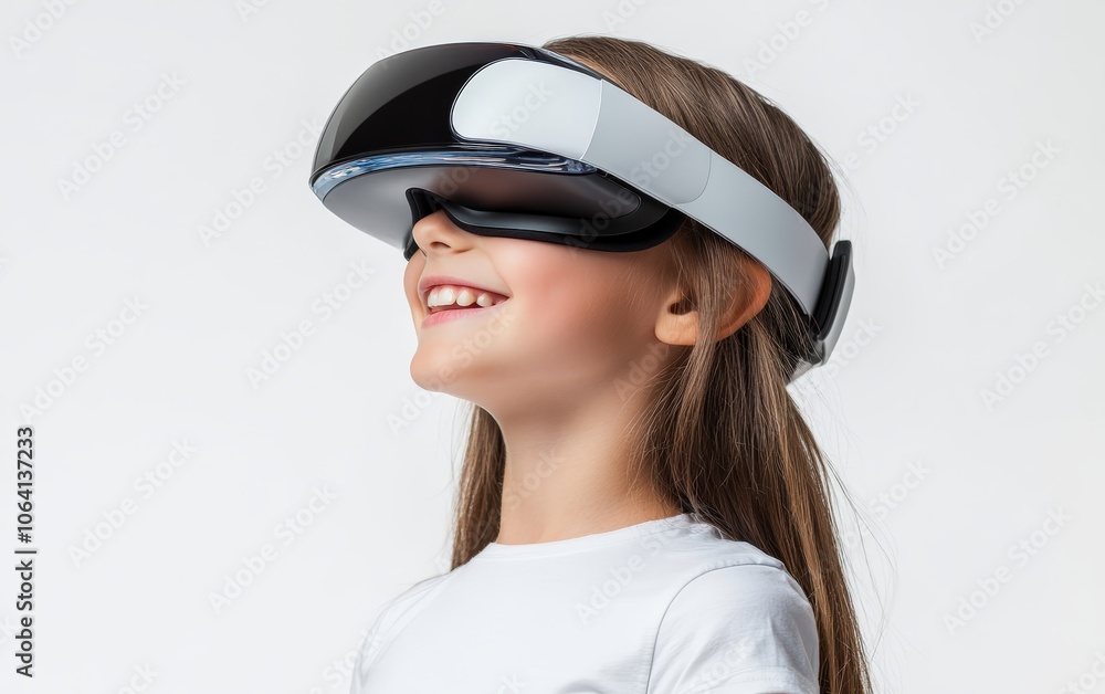 Smiling young pretty girl wearing a VR headset on a clean white background Smiling young pretty girl wearing a VR headset on a clean white background