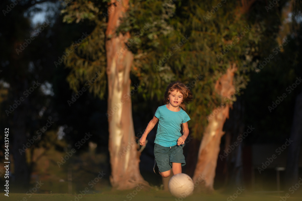 Fototapeta premium Soccer kid. Kids play football on outdoor stadium field. Little boy kicking ball. School football sports club. Training for sport children. Child playing football on the playground in park.
