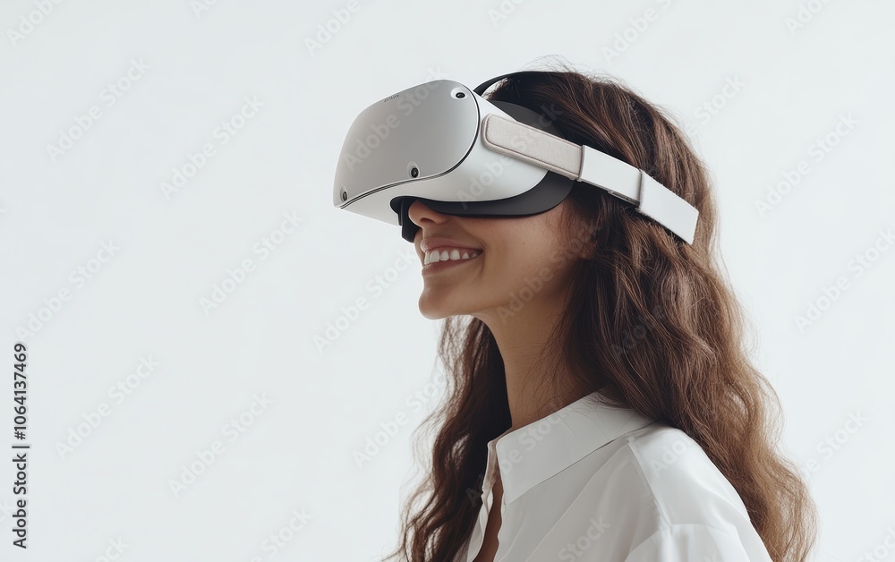 Smiling young pretty woman wearing a VR headset on a clean white background Smiling young pretty woman wearing a VR headset on a clean white background